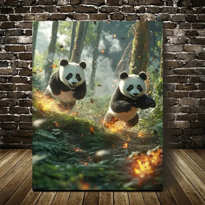 Whimsical Panda Scene in Lush Green Painting 40x60cm Metal Print Ready to Hang