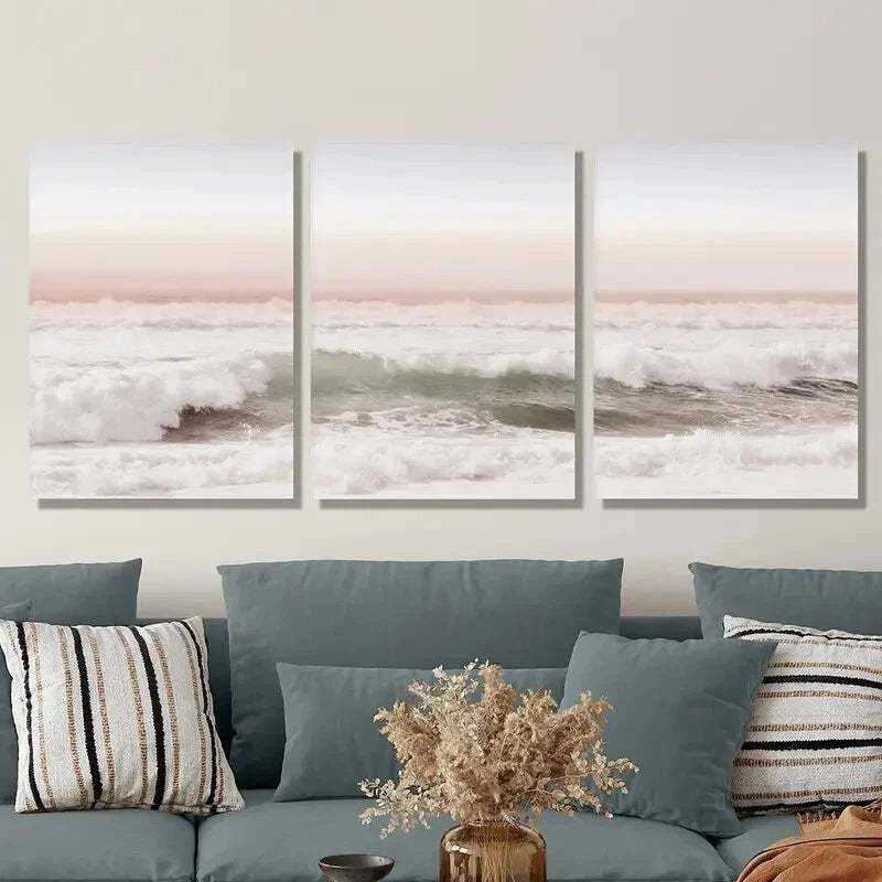 3pcs Pink Coast Sunset, Ocean Scenery, Metal Print Ready to Hang Art