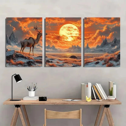 3pcs Majestic Camel & Deer Sunset Scenes Wall Art Set Canvas Framed 60x90cm - High Quality Print 100% Australian Made Wall Canvas Ready to Hang