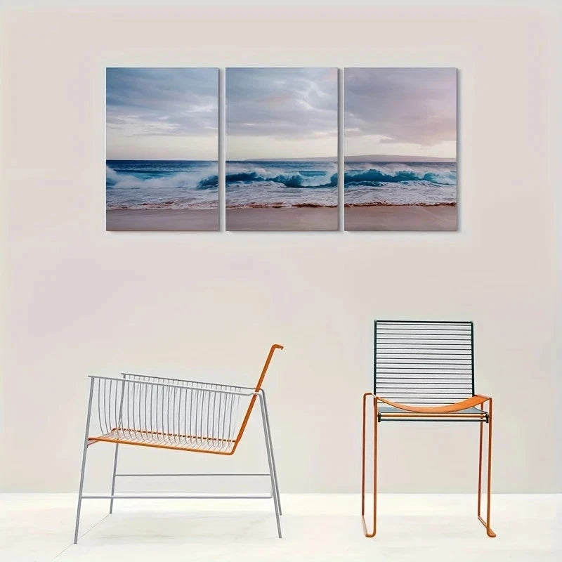 3pcs Golden Sunset & Rolling Waves Metal Print Ready to Hang Art