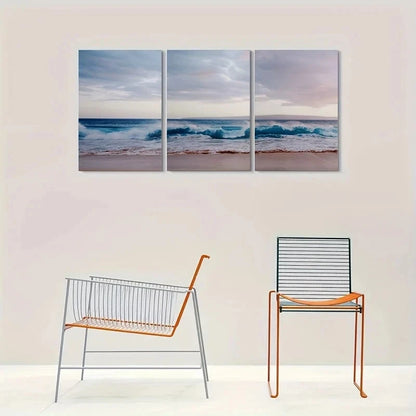 3pcs Golden Sunset & Rolling Waves Metal Print Ready to Hang Art