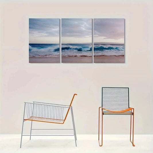 3pcs Golden Sunset & Rolling Waves Metal Print Ready to Hang Art