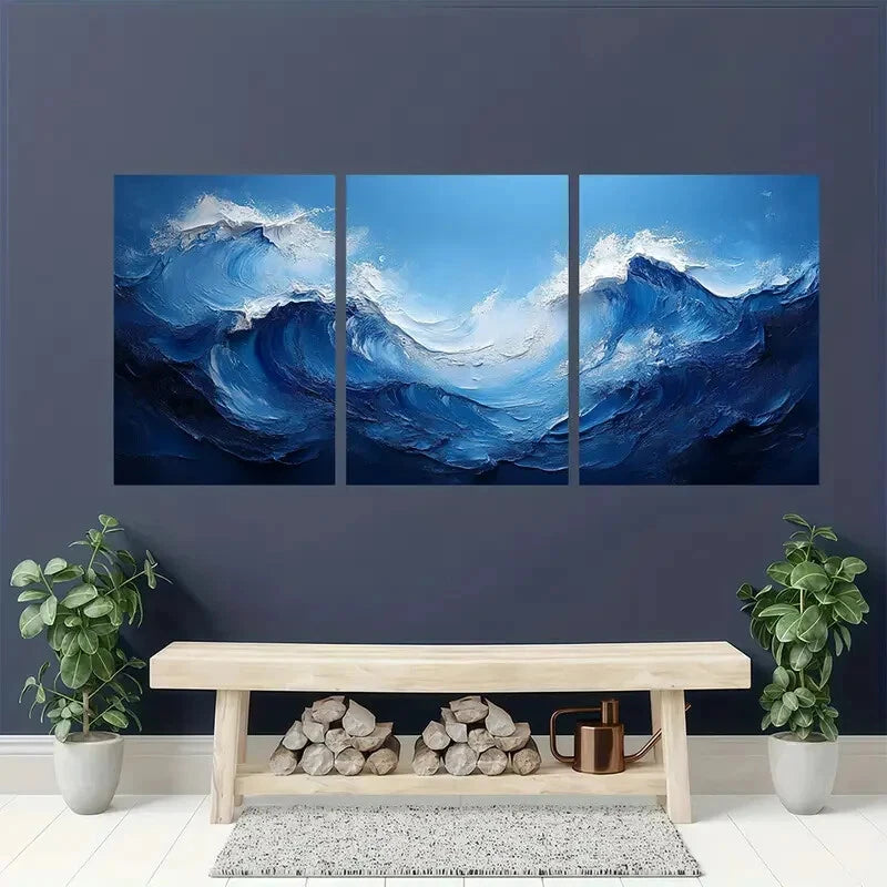 3pcs Dark Blue and White Abstract Wave Painting Metal Print Ready to Hang Art