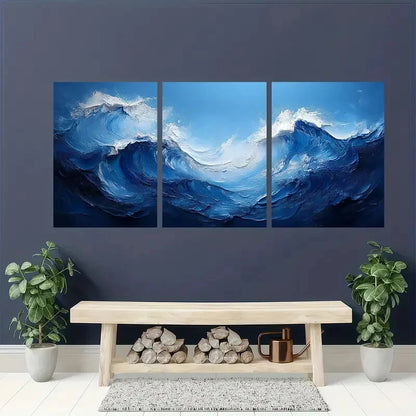 3pcs Dark Blue and White Abstract Wave Painting Metal Print Ready to Hang Art
