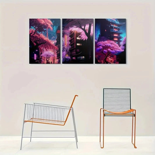 3pcs Cherry Blossom Vibrant Urban Night Scene Metal Print Ready to Hang Art
