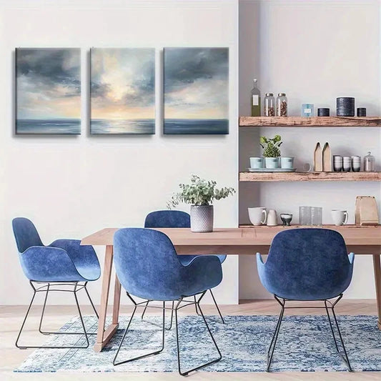 3pcs Ocean Sunset Soft Sky & Landmark Design Metal Print Ready to Hang Art