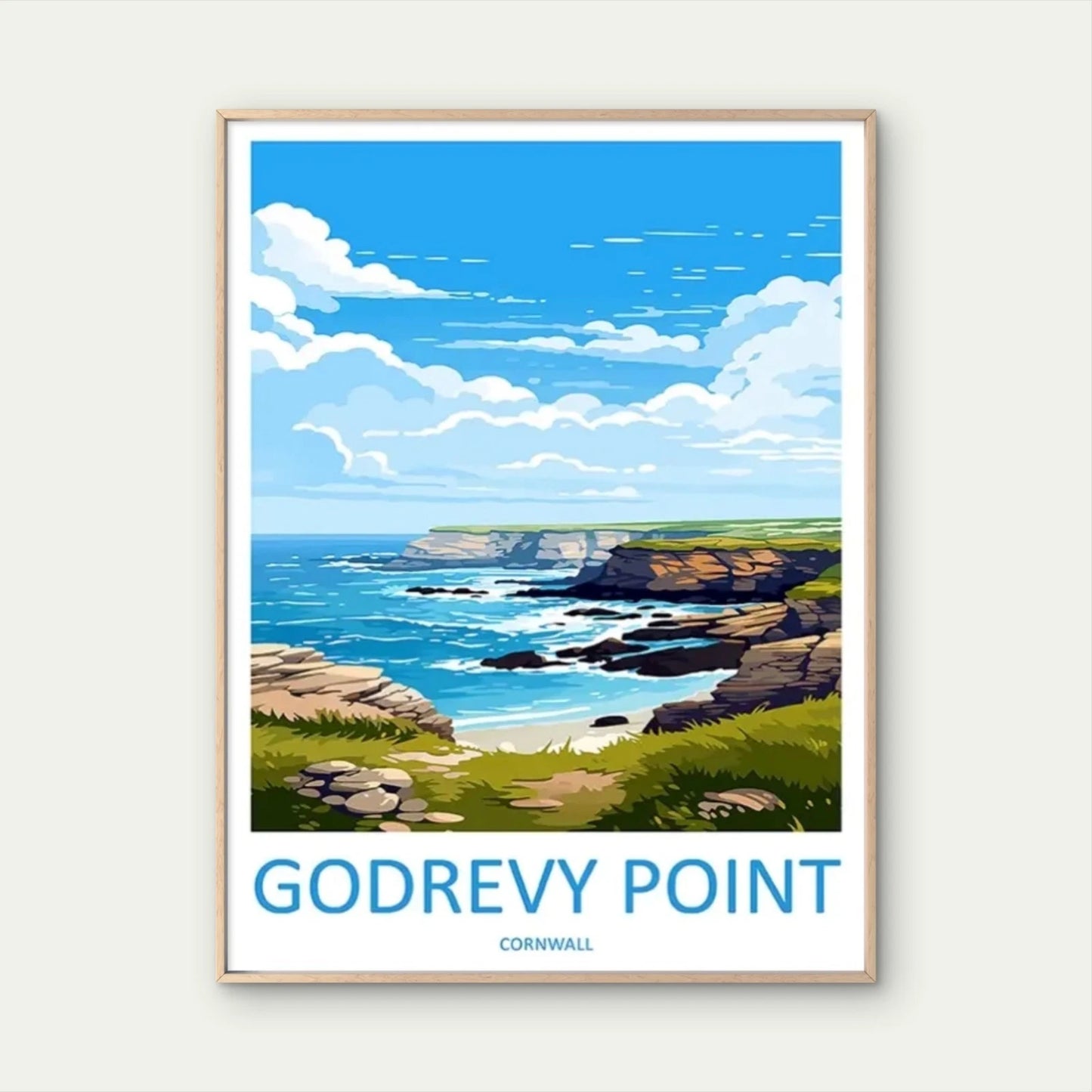 Picturesque Coastal Cornwall Blue Ocean Sky Travel Poster Print Wall Art