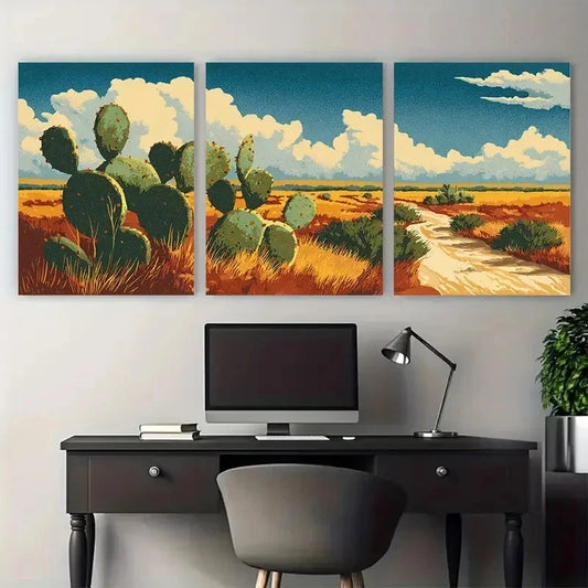 3pcs Texas Travel Cacti Illustration Wall Art Set Canvas Framed 50x70cm - High Quality Print 100% Australian Made Wall Canvas Ready to Hang