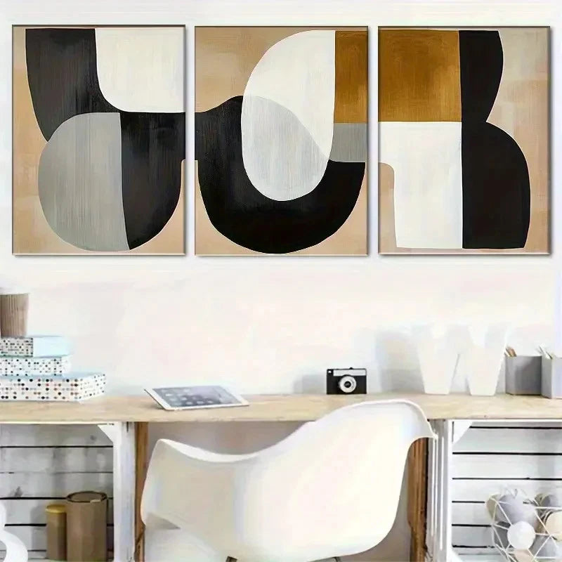 3pcs Black and White Golden Beige Color Metal Print Ready to Hang Art