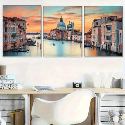 3pcs Sunset Over the Canal and Iconic Buildings Metal Print Ready to Hang Art