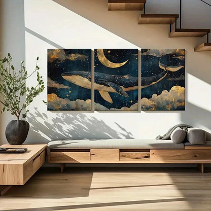 3pcs Whale Dream Sky Moon Stars Clouds Night Art Metal Print Ready to Hang Art