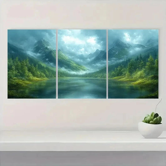 3pcs Rich Mossy Green Hues Ethereal Foggy Mist Metal Print Ready to Hang Art