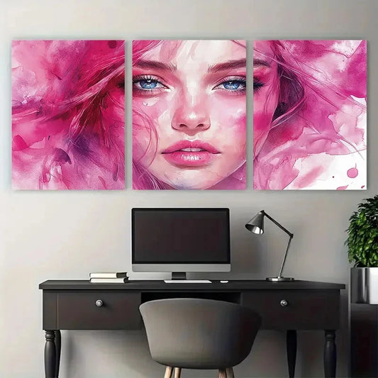 3pcs Pink Abstract Woman Face Watercolor Fashion Metal Print Ready to Hang Art