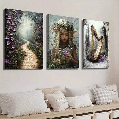 3pcs Vintage Botanical Flower and Floral Girl Wall Art Set Canvas Framed 40x60cm - High Quality Print 100% Australian Made Wall Canvas Ready to Hang