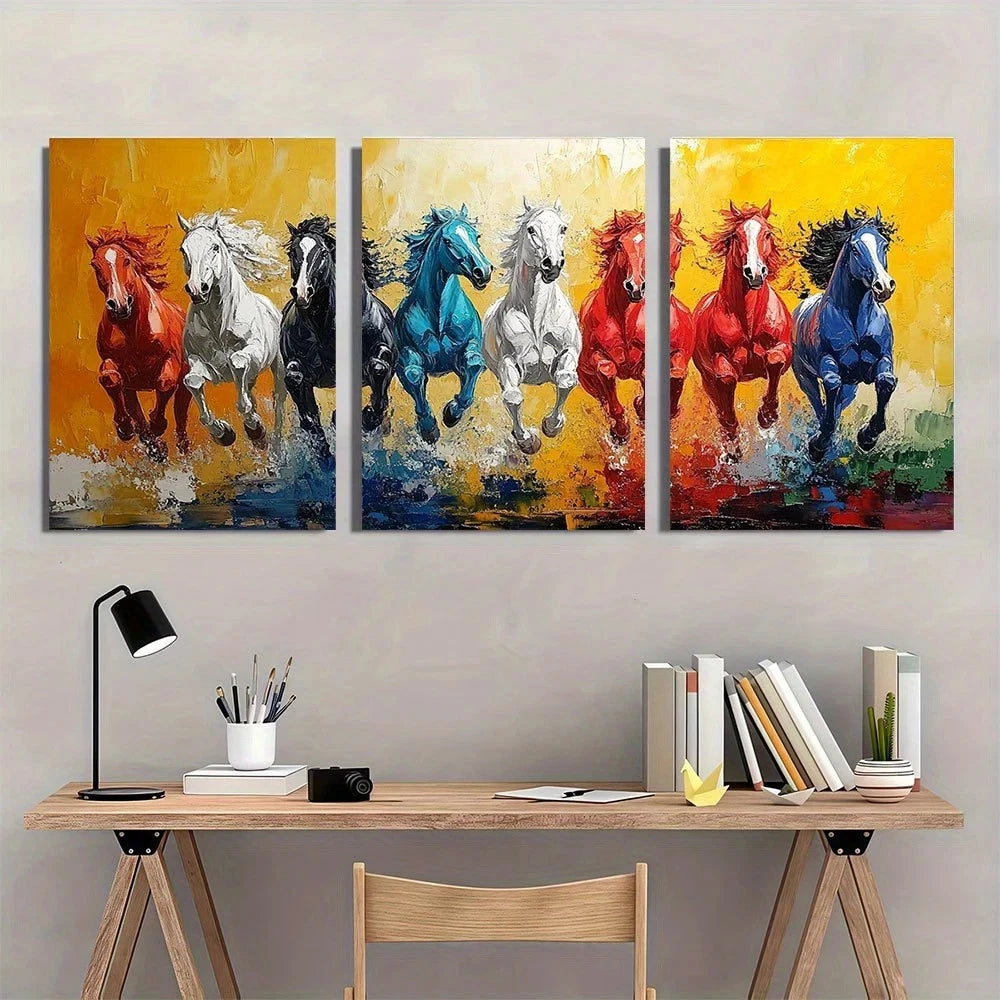 3pcs Eight Running Horses Painting Wall Art Set Canvas Framed 60x90cm - High Quality Print 100% Australian Made Wall Canvas Ready to Hang