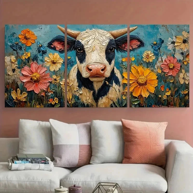 3pcs Cow Farm Animals with Florals Illustration Wall Art Set Canvas Framed 40x60cm - High Quality Print 100% Australian Made Wall Canvas Ready to Hang