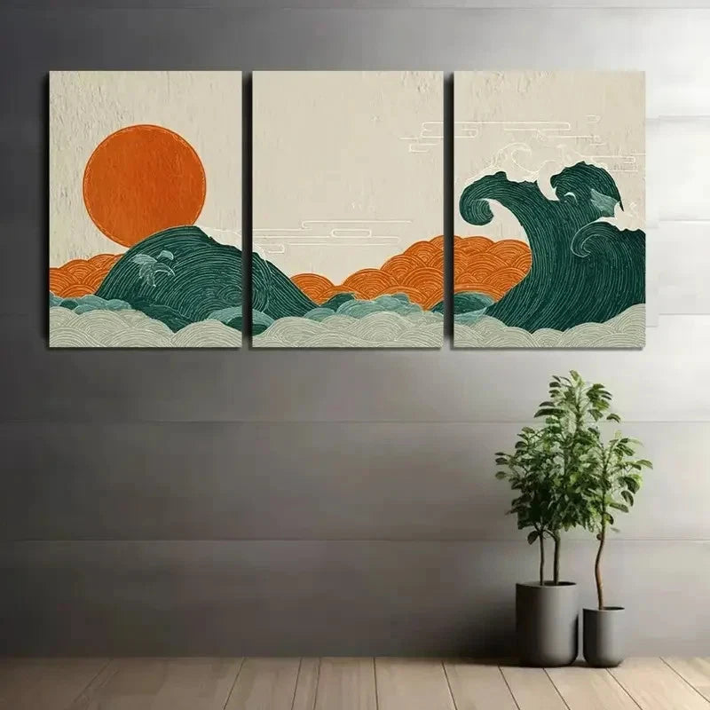 3pcs Illustration of Two Waves Art Painting Metal Print Ready to Hang Art