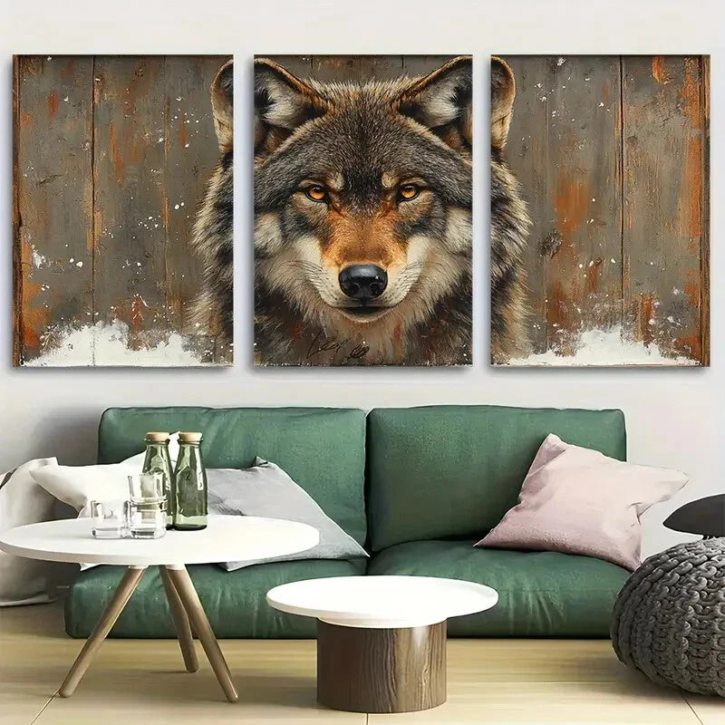 3pcs Rustic Wolf Forest Animal Design Metal Print Ready to Hang Art