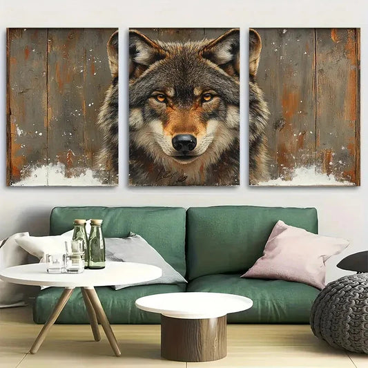 3pcs Rustic Wolf Forest Animal Design Metal Print Ready to Hang Art