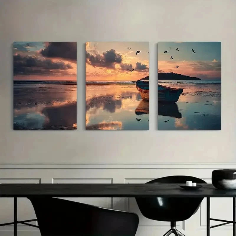 3pcs Sunset Beach Scene with Boat and Island Metal Print Ready to Hang Art