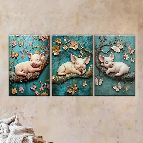 3pcs Whimsical Piglet & Butterfly Garden Wall Art Set Canvas Unframed - High Quality Print 100% Australian Made Wall Canvas - Bella Home Decor