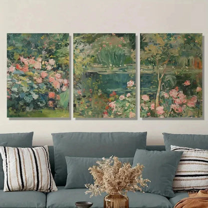 3pcs Traditional Garden Pond Oil Painting, Monet Metal Print Ready to Hang Art