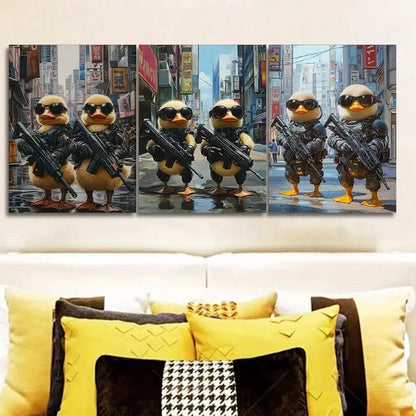 3pcs  Two cute baby ducks in cyberpunk armor Wall Art Set Canvas Framed 40x60cm - High Quality Print 100% Australian Made Wall Canvas Ready to Hang