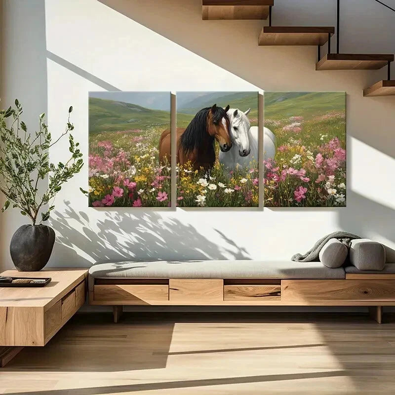 3pcs Horses in Bloom Floral Meadow Landscape Metal Print Ready to Hang Art