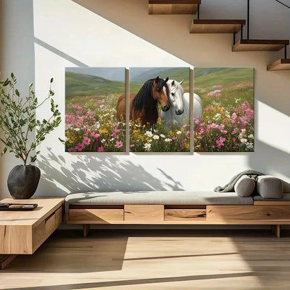 3pcs Horses in Bloom Floral Meadow Landscape Metal Print Ready to Hang Art
