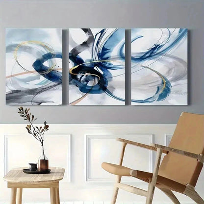 3pcs Modern Abstract Blue Golden Brush Wall Art Set Canvas Framed 60x90cm - High Quality Print 100% Australian Made Wall Canvas Ready to Hang