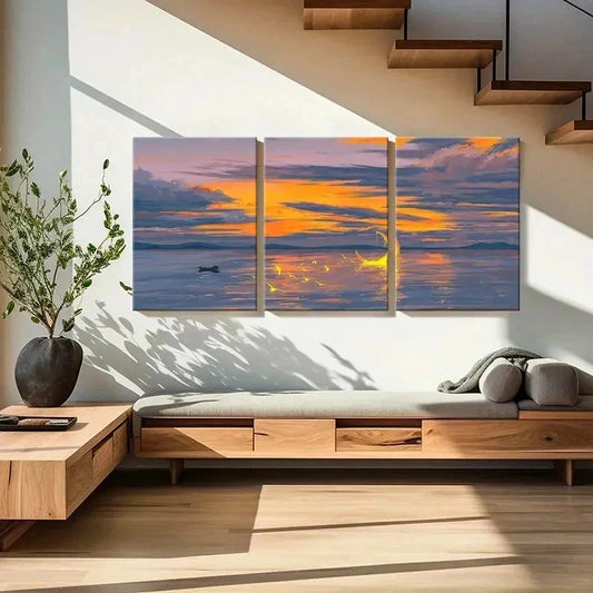 3pcs Sea Surface At Dusk and Moon Wall Art Set Canvas Framed 40x60cm - High Quality Print 100% Australian Made Wall Canvas Ready to Hang