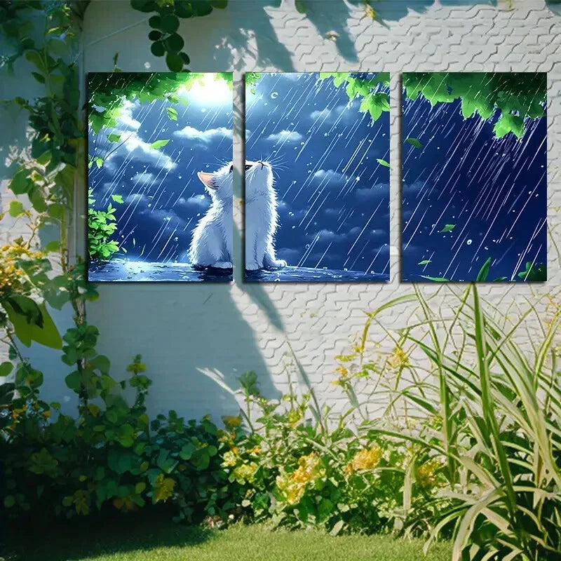 3pcs White Cat in Rain Animal Theme Design Metal Print Ready to Hang Art