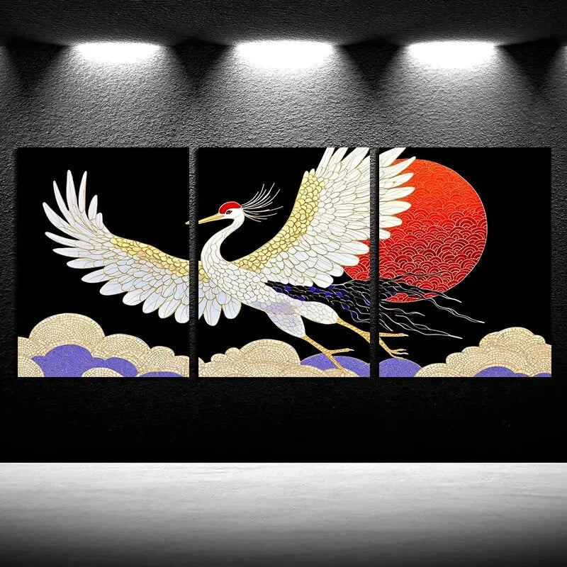 3pcs Vibrant Crane among the flowers Design Metal Print Ready to Hang Art