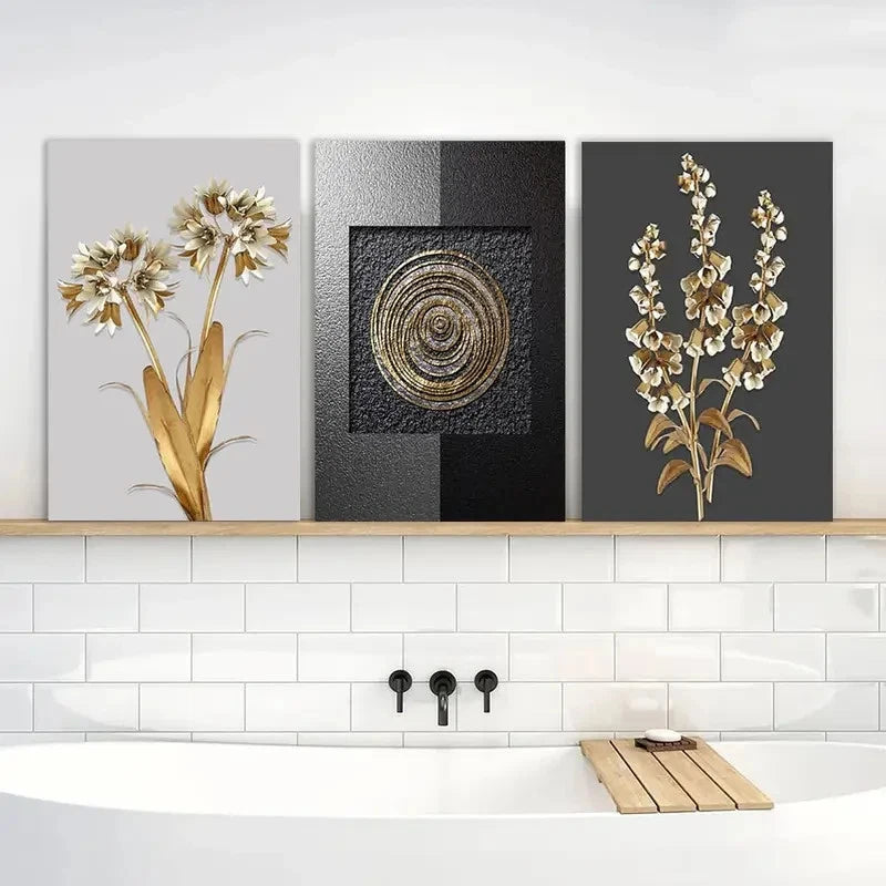 3pcs Golden Leaf & White Flower Design Metal Print Ready to Hang Art