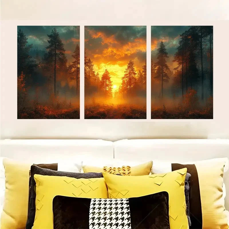 3pcs Pine Forest Dark Sky & Sunset Scene Wall Art Set Canvas Framed 40x60cm - High Quality Print 100% Australian Made Wall Canvas Ready to Hang
