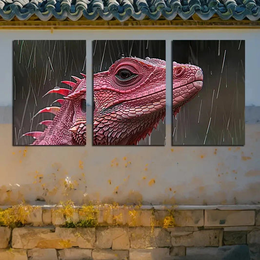 3pcs Vibrant Pink Salamander in Raining Scene Metal Print Ready to Hang Art