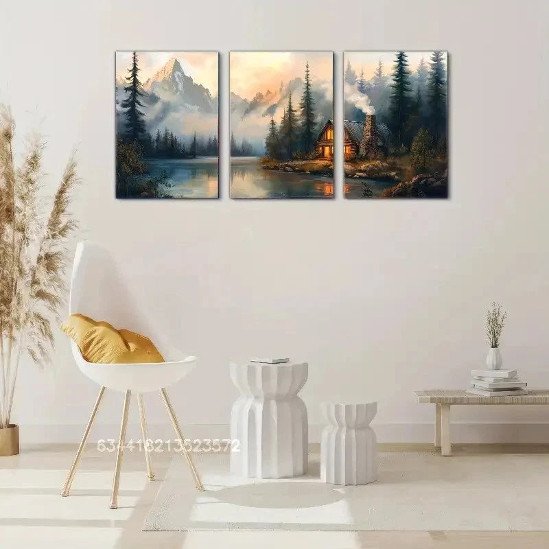 3pcs Cozy Forest & Cabin Landscape Scene Metal Print Ready to Hang Art