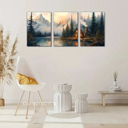 3pcs Cozy Forest & Cabin Landscape Scene Metal Print Ready to Hang Art
