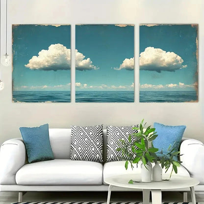 3pcs Distressed Blue Sky & Fluffy Clouds Metal Print Ready to Hang Art