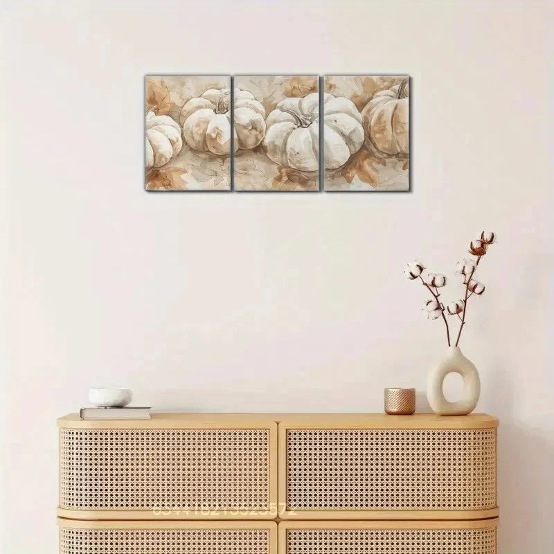 3pcs Pumpkin Wall Art in Beige Brown White Metal Print Ready to Hang Art