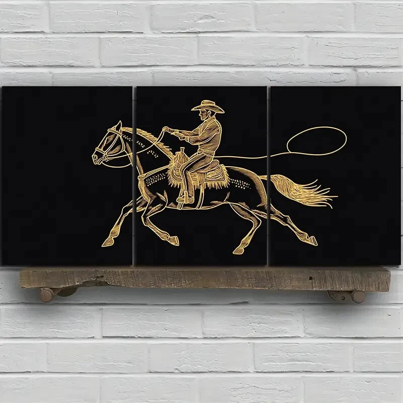 3pcs Horse Man Riding Golden Lines Metal Print Ready to Hang Art