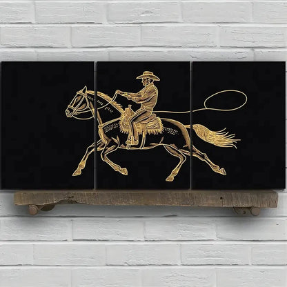 3pcs Horse Man Riding Golden Lines Metal Print Ready to Hang Art