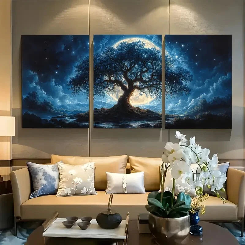 3pcs Mystical Night Sky & Glowing Tree Design Metal Print Ready to Hang Art