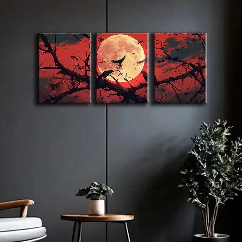 3pcs Set of Crows & Scarlet Moon Silhouettes Metal Print Ready to Hang Art