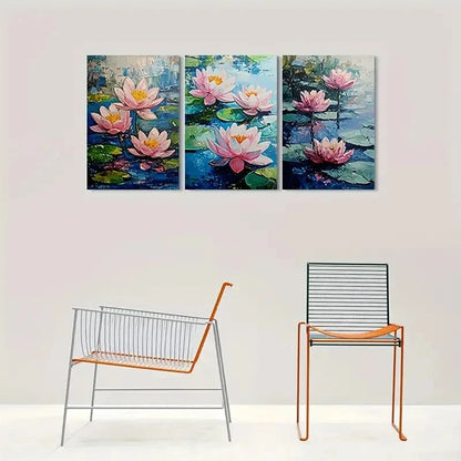 3pcs Pink Lotus Flower Green Leaves Metal Print Ready to Hang Art