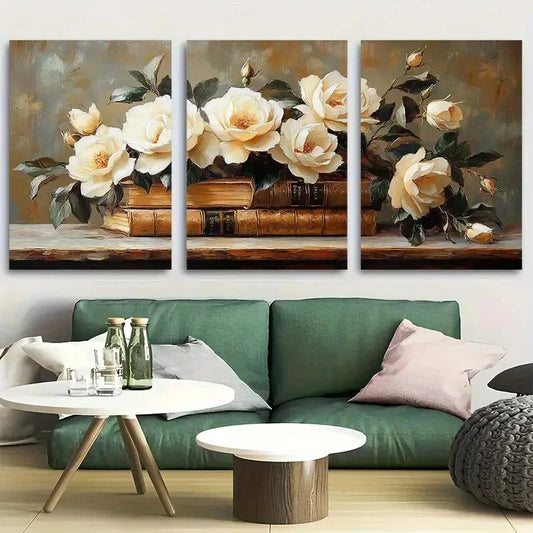 3pcs White Roses and Classic Literature Design Metal Print Ready to Hang Art