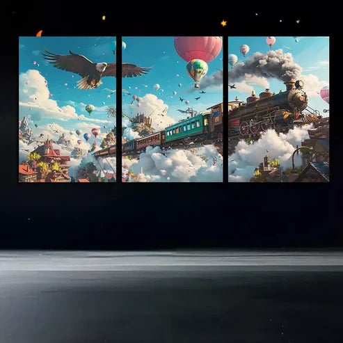 3pcs Charming Flying Train Canvas Framed  60x90cm - High Quality Print 100% Australian Made Wall Canvas Ready to Hang