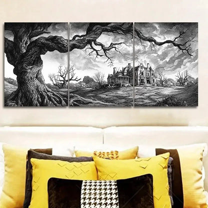 3pcs House Surrounded by Dead Trees Metal Print Ready to Hang Art
