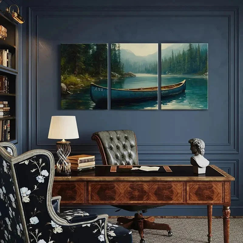 3pcs Blue Canoe Serene Lake Majestic Mountains Metal Print Ready to Hang Art
