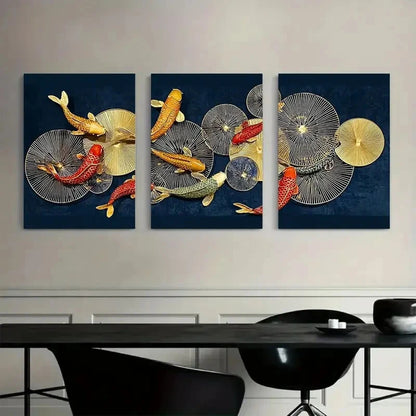 3pcs Golden Fish and for Lotus Leaves on Dark Blue Metal Print Ready to Hang Art